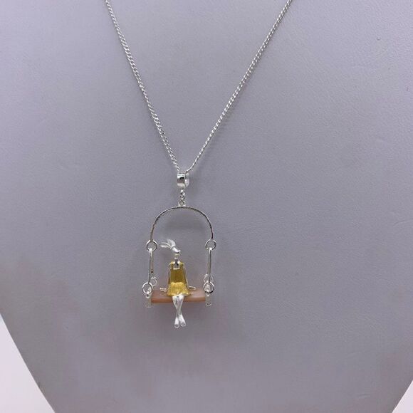 Pendant & chain, solid sterling 925 silver, real gold accent, hand made, 11 in. - Picture 3 of 16